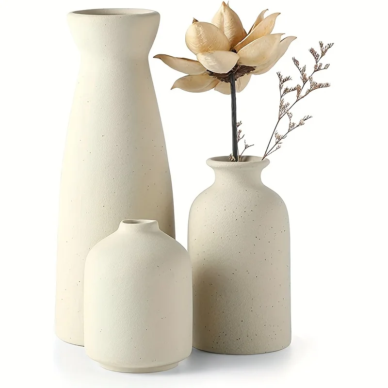 Ensemble de 3 Vases en Céramique Blanc pour Décoration Maison – Style Rustique et Moderne – Image 3