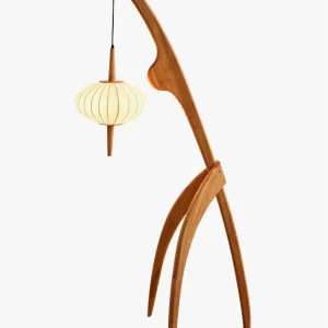 Lampadaire Trépied en Bois avec Abat-Jour Soucoupe